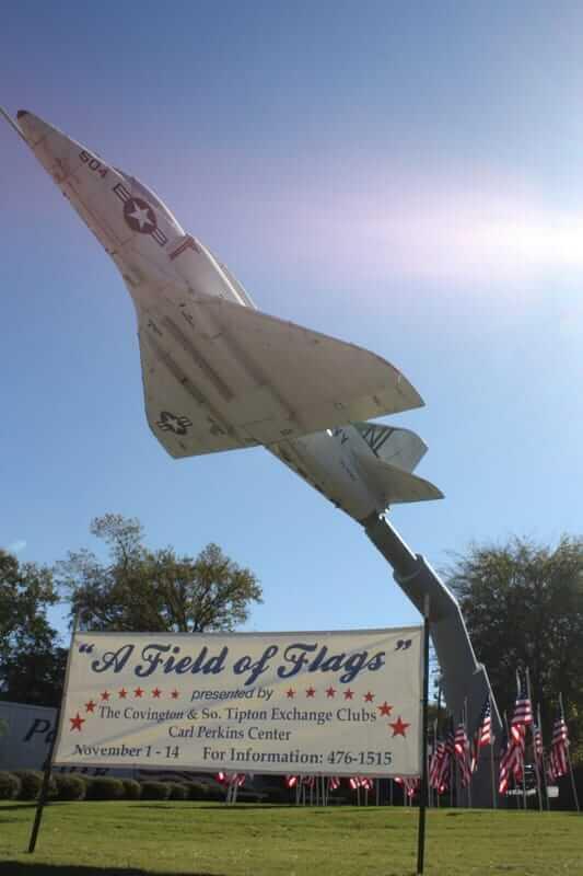 a static display of a fighter jet and several American flags and a sign that says a field of flags