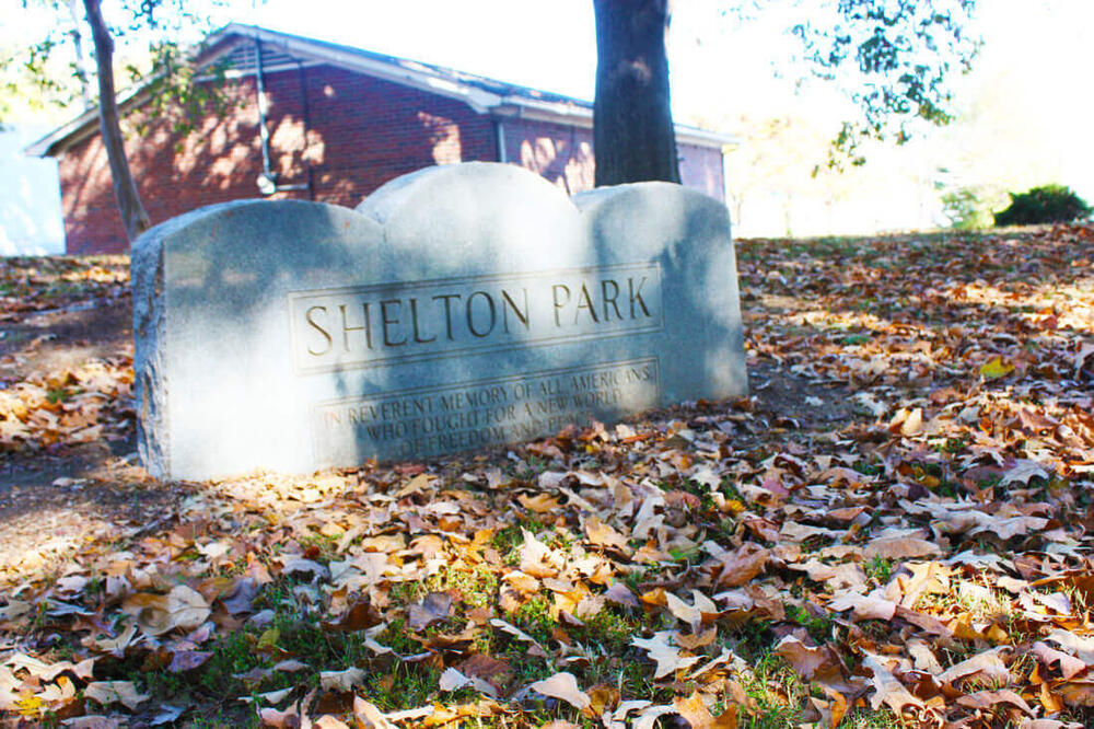 a memorial stone that say Shelton Park and is surrounded by fall leaves
