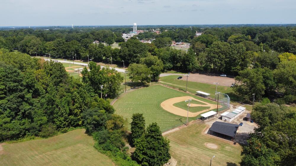 aerial view of baseball field and playground