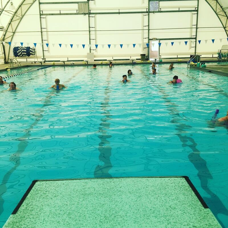 a group of water aerobics participants in a swimming pool